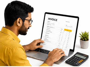 Reviewing an invoice on laptop